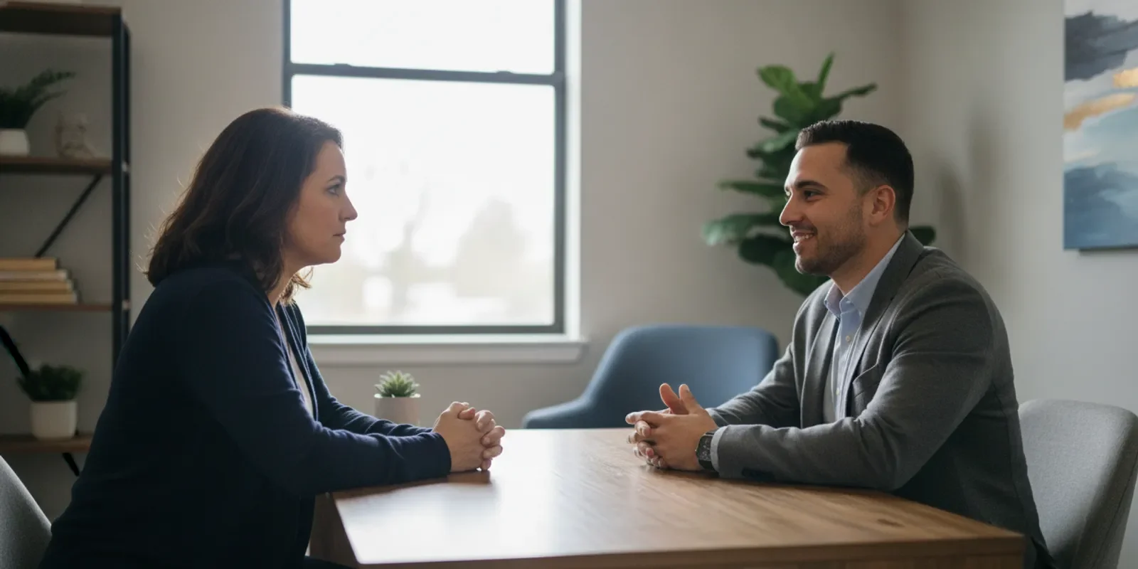 A family member speaking with an admissions professional in a calm, private setting